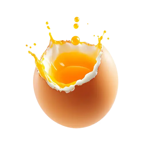 A brown egg with a cracked top, revealing a vibrant yellow yolk splashing dynamically, symbolizing fresh egg products.
