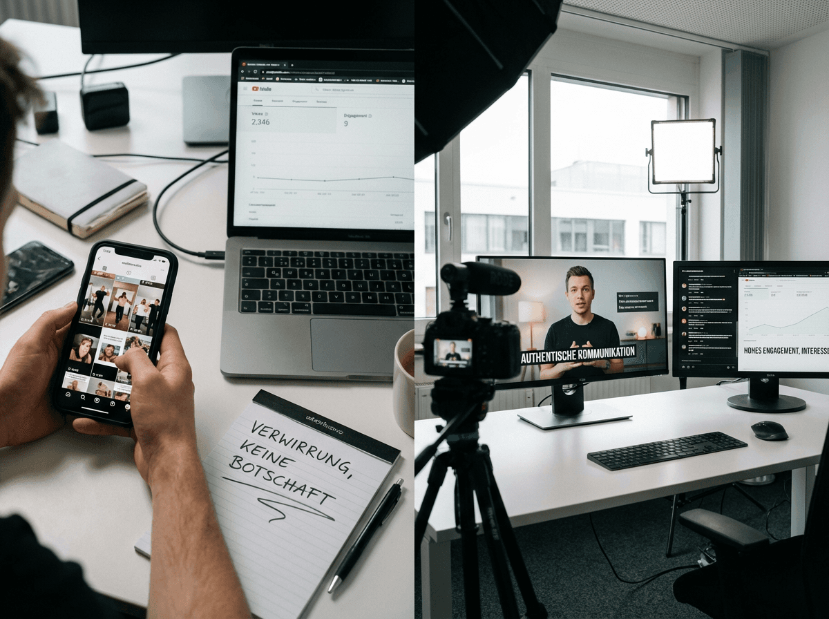 Vergleich zwischen wirkungslosem Video-Content ohne klare Botschaft und professionellem Video-Auftritt mit authentischer Kommunikation und messbarem Interesse