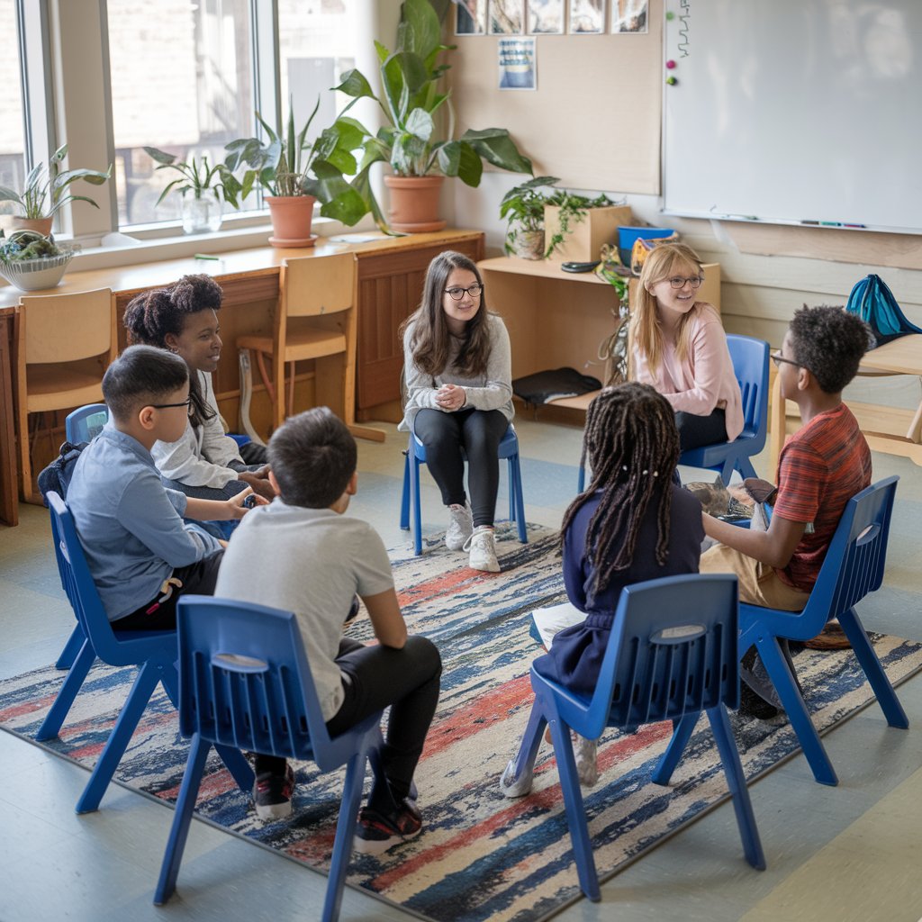 Child psychologist guiding kids in social learning and peer interaction