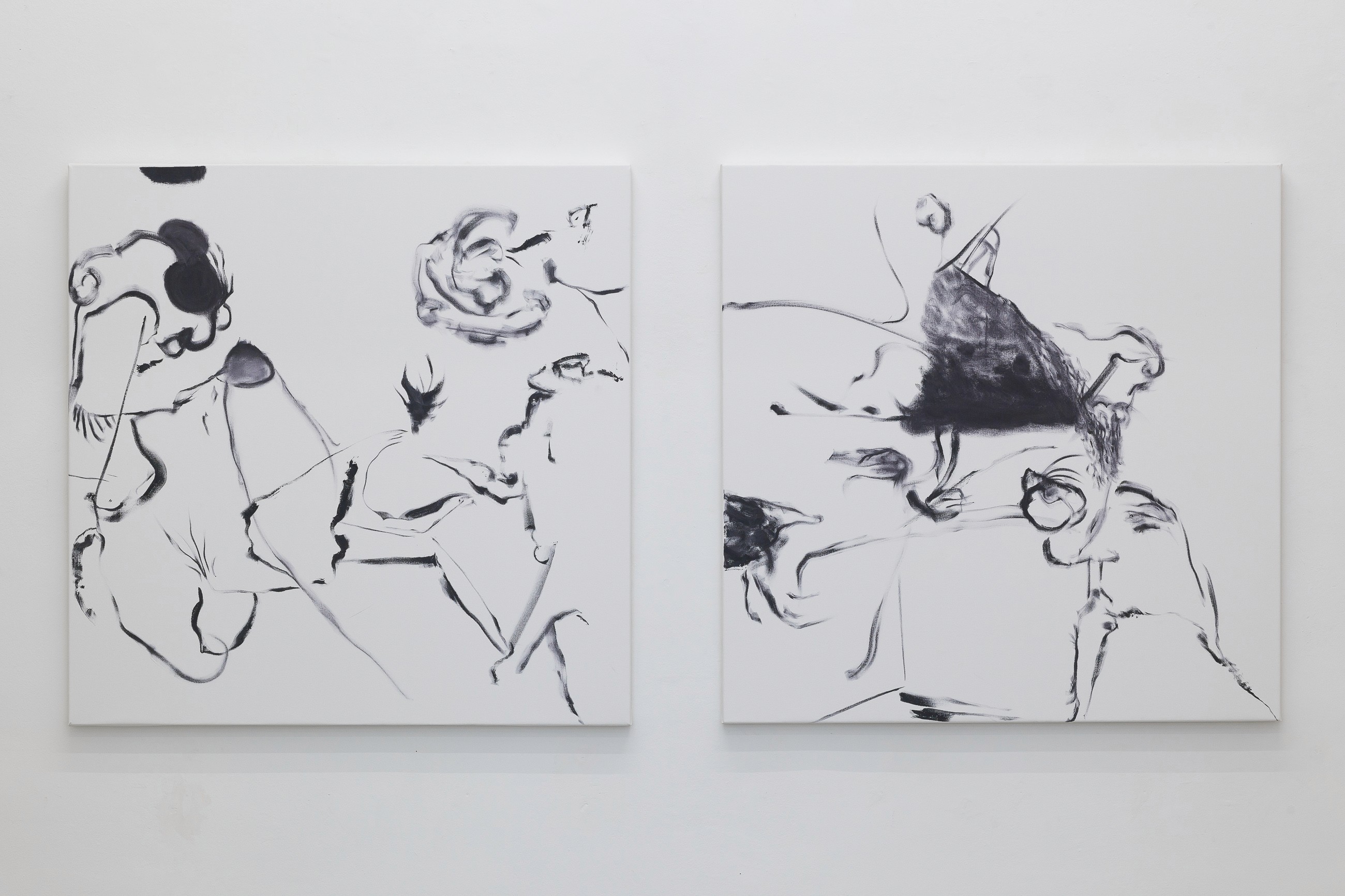 Dünya yuvarlak aklım unutkan (The world is round, my mind forgetful), 2022. Oil on canvas, 48 x 48 inches (122 x 122 cm). (left)  Çoktan beri tuhaf duygularda (In strange feelings since a long time), 2022. Oil on canvas, 48 x 48 inches (122 x 122 cm). (right)