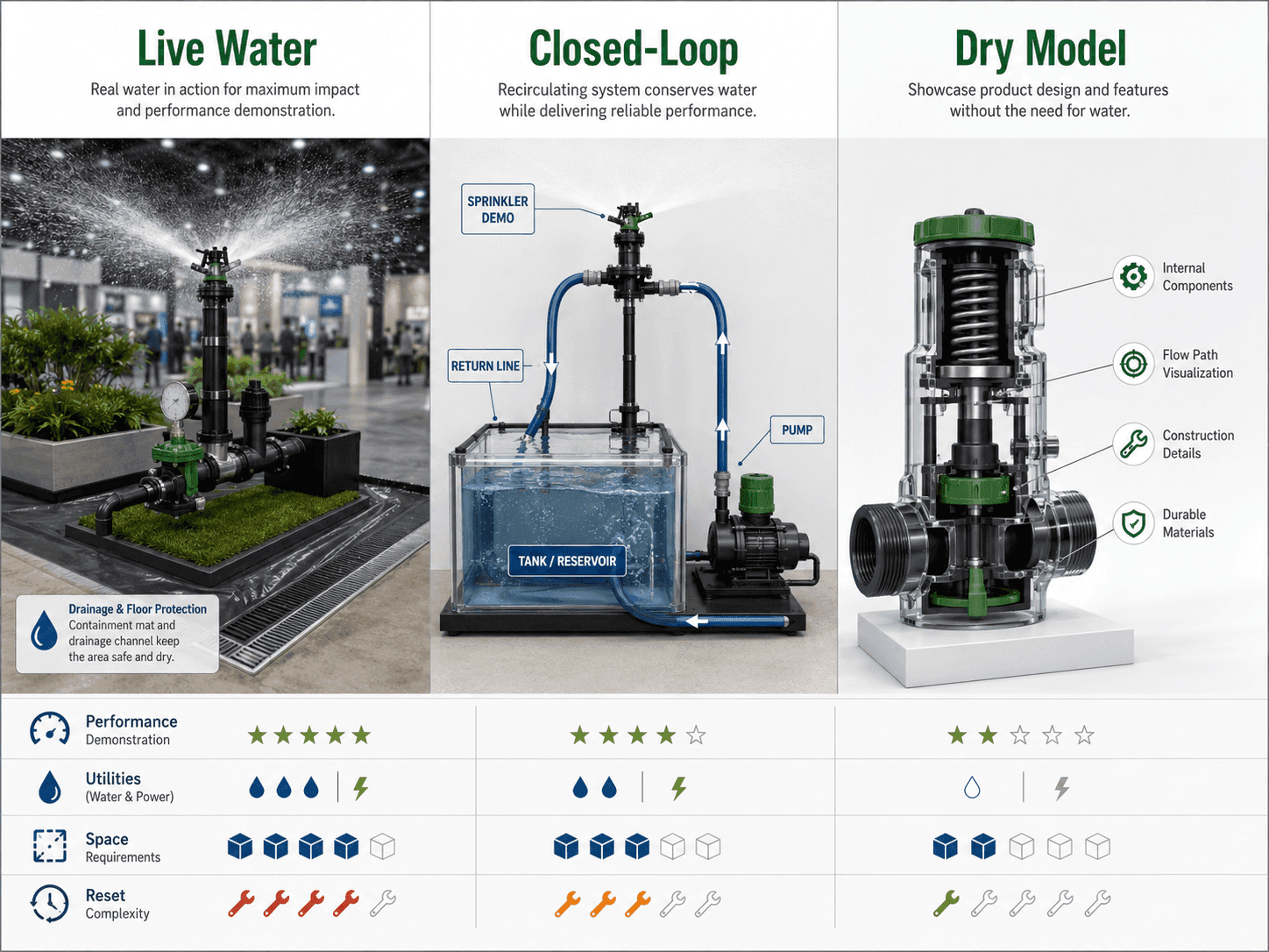 Live water, closed-loop and dry irrigation equipment demo methods compared by performance, utilities, space and reset needs