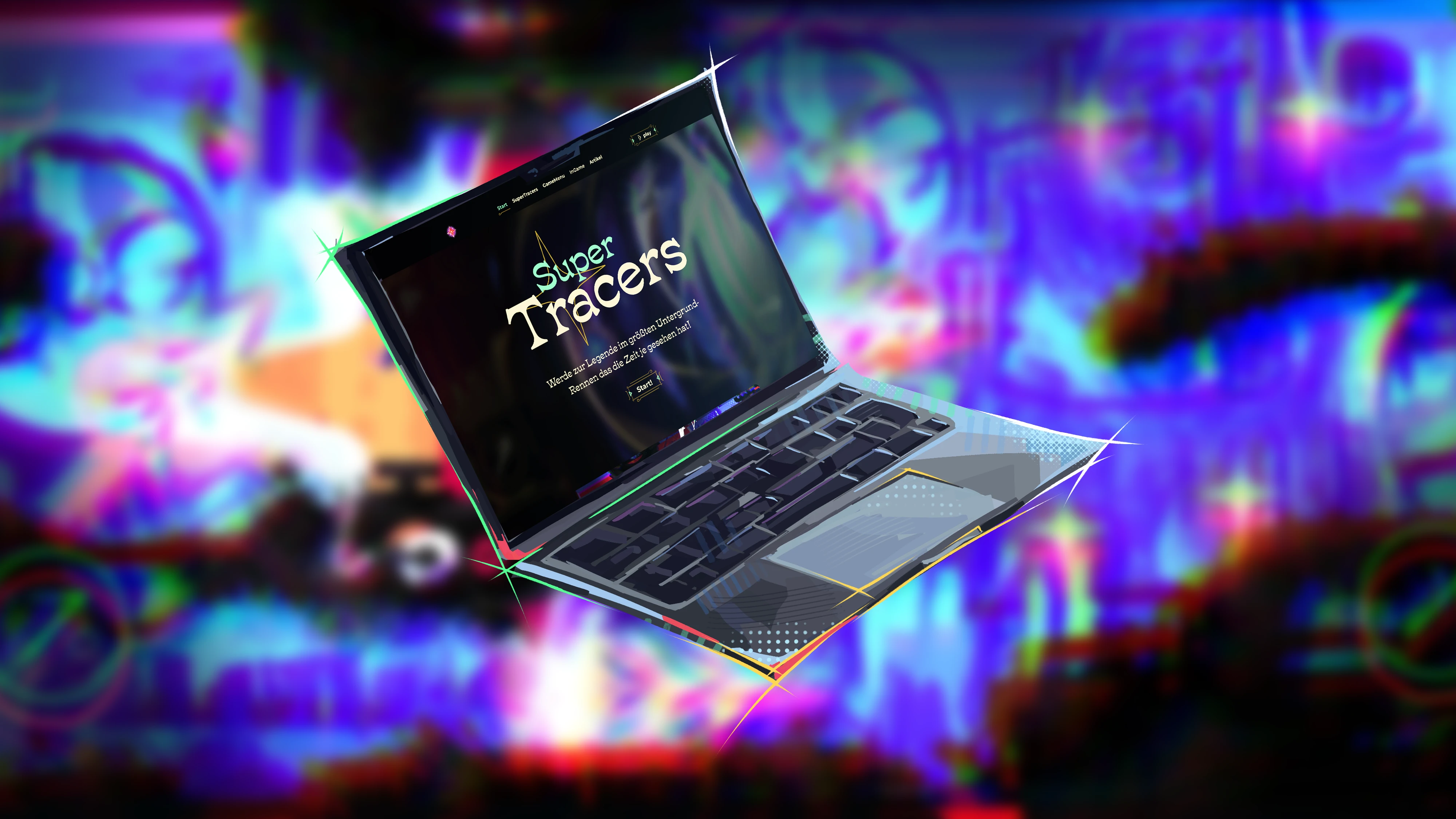High-quality laptop mockup of the SuperTracers pitch website featuring official branding against an atmospheric, colorful in-game background for portfolio presentation.