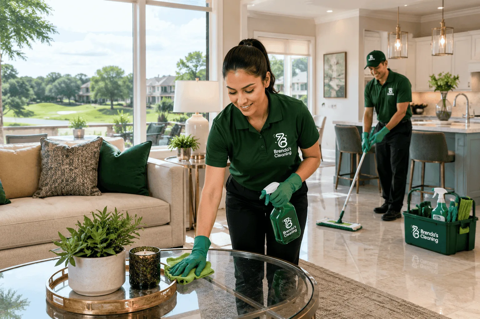 A green yard sign prominently displaying the white logo for Brenda's Cleaning placed in a manicured green grass lawn in front of a suburban home. In the background, a company-branded dark green crossover SUV service vehicle featuring the Brenda's Cleaning logo is parked on the street. The bright neighborhood setting features a two-story traditional residential house with white siding, black shutters, a welcoming front porch, and mature trees, highlighting dependable local residential maid services, professional home housekeeping, and reliable recurring cleaning services across Keller and Southlake, Texas.