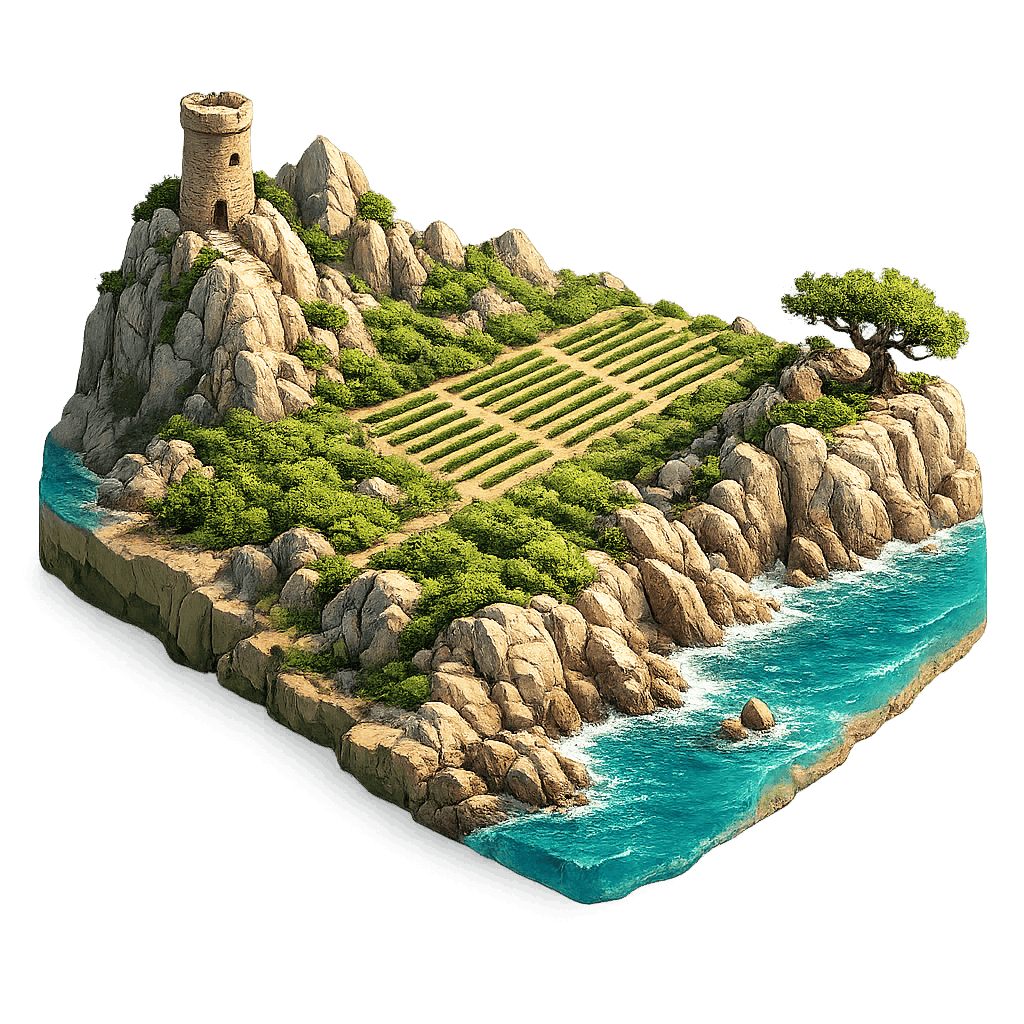 Artistic illustration of the Corsica wine region.