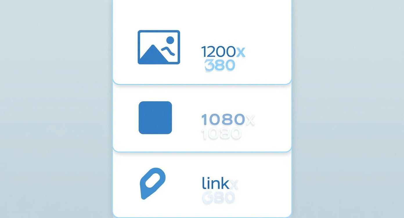 Infographic showing recommended LinkedIn image sizes for landscape, square, and link posts