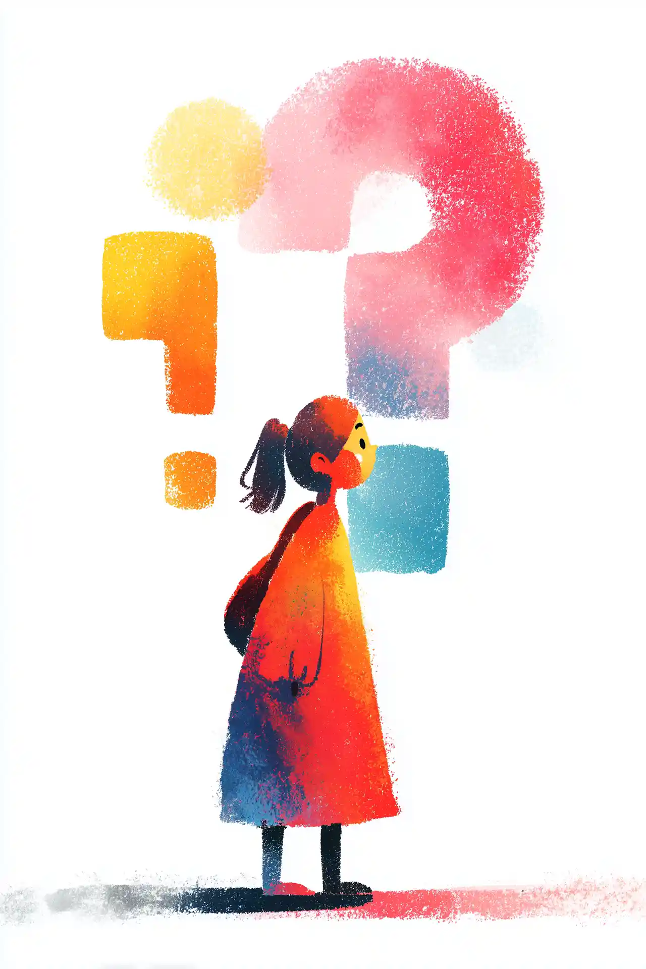 Textured editorial illustration of a small figure in an orange coat facing oversized question marks in yellow and red, surrounded by abstract colored shapes suggesting uncertainty and invisibility.