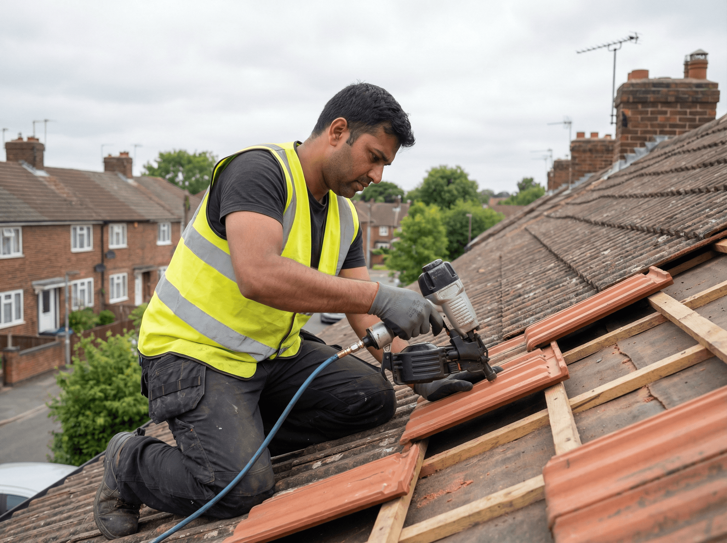 a man working on a roof with a power drill