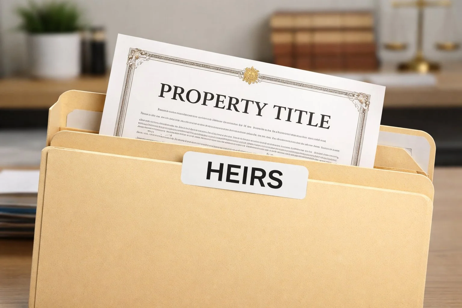 Property title document being placed into a folder labeled “Heirs,” representing the final transfer after court approval in a neutral office setting.