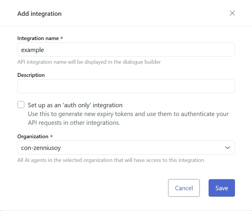 Kuvakaappaus Add integration -ikkunasta, jossa integraatiolle annetaan nimi, kuvaus ja organisaatio.