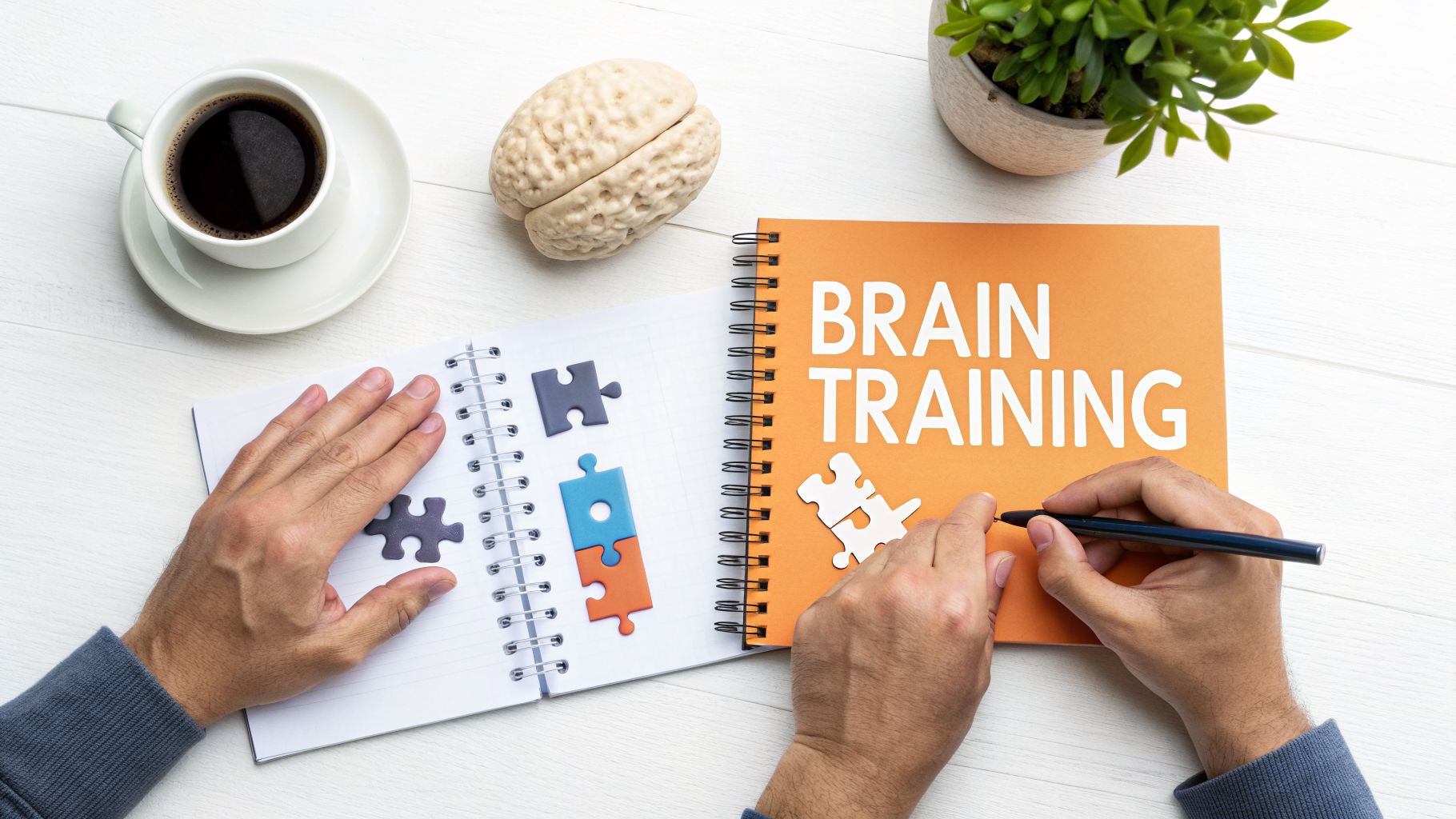 A person engages in brain training activities with puzzles and a notebook, a brain model nearby.