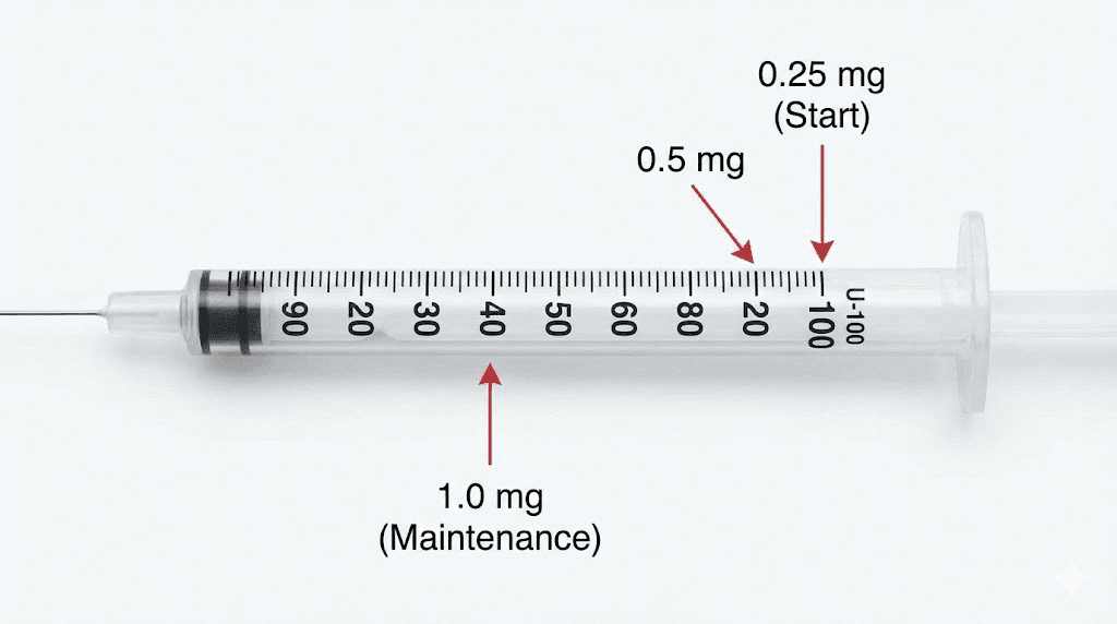 Insulin syringe unit markings for semaglutide dose measurement