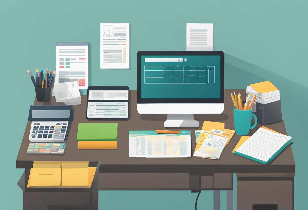 An office desk with a computer, calculator, and pay stubs. A chart showing salary breakdown and a HR handbook on the desk