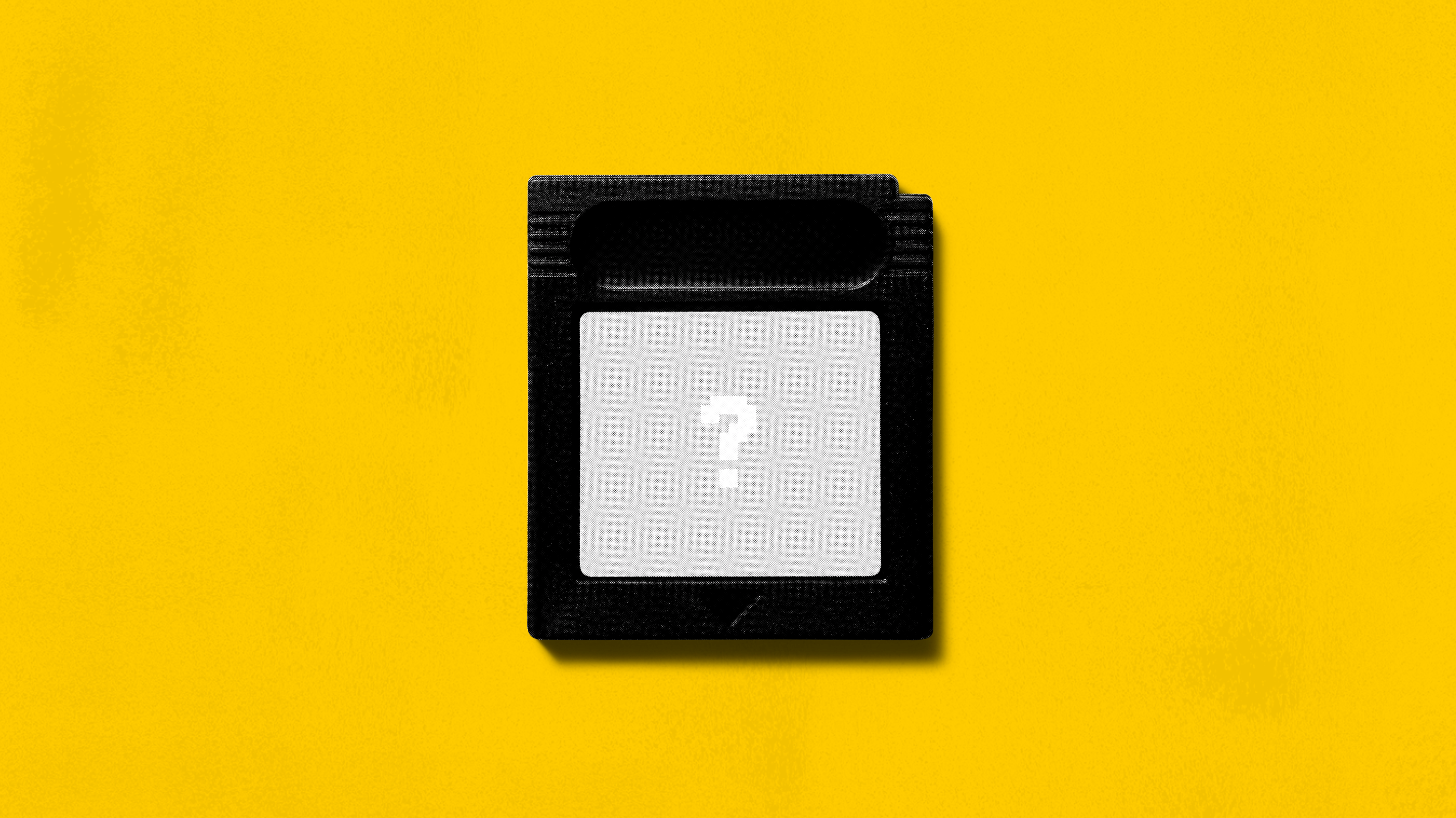 Black photo slide frame with a white square and a question mark on a bright yellow background.