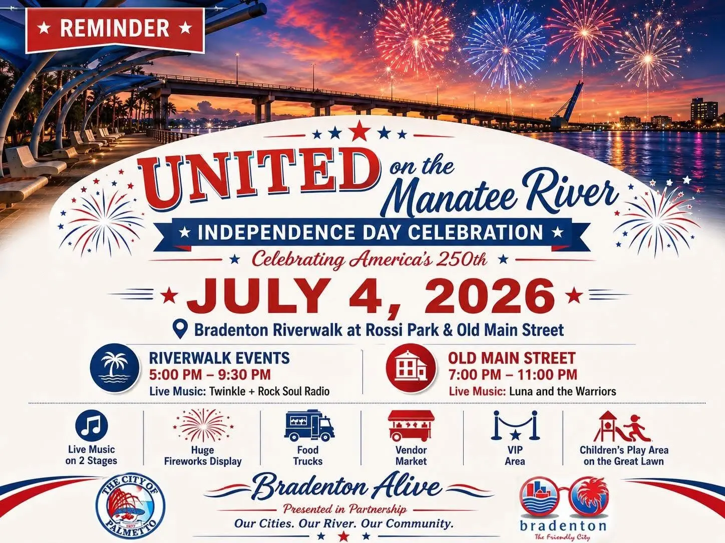 4th of July fireworks and festival in Bradenton and Palmetto