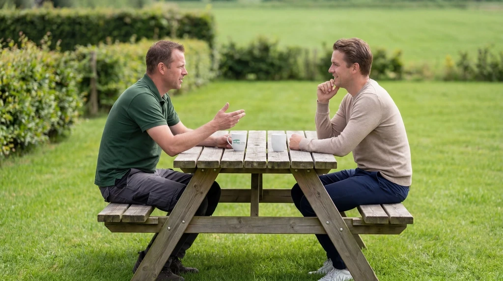 Twee mannen overleggen aan een picknicktafel in een groene omgeving.