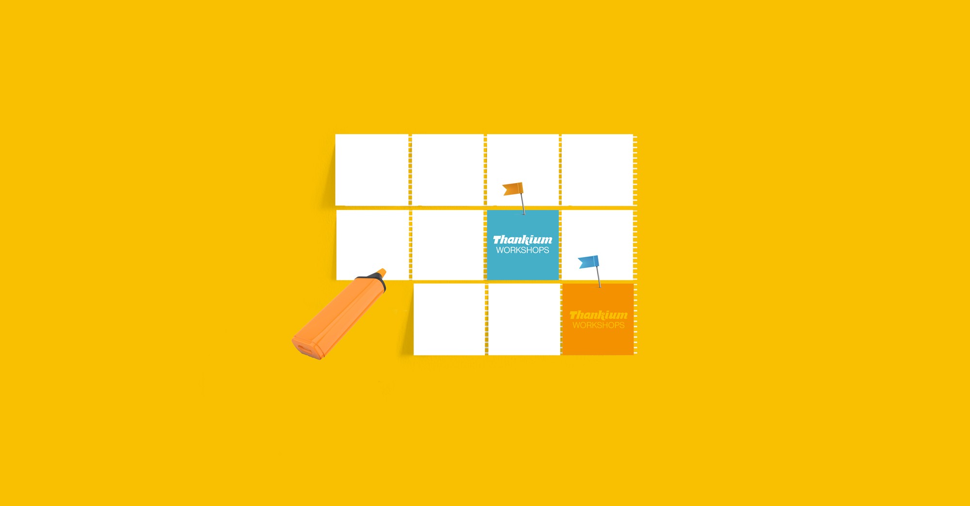 Calendario de tareas con marcador naranja y banderas coloridas en fondo amarillo.