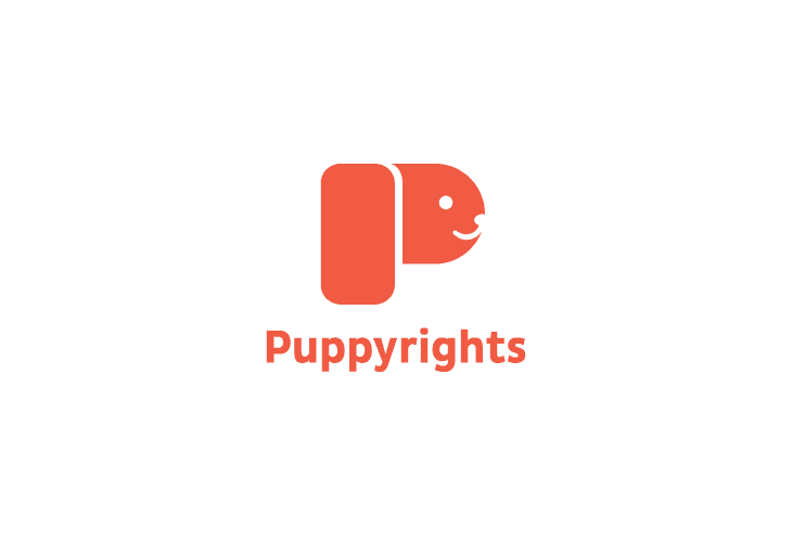 A laptop screen displays the PuppyRights website, featuring a red logo and navigation links. The prominent banner reads "WE CAN PROTECT PUPPIES!" and showcases images related to puppy adoption.