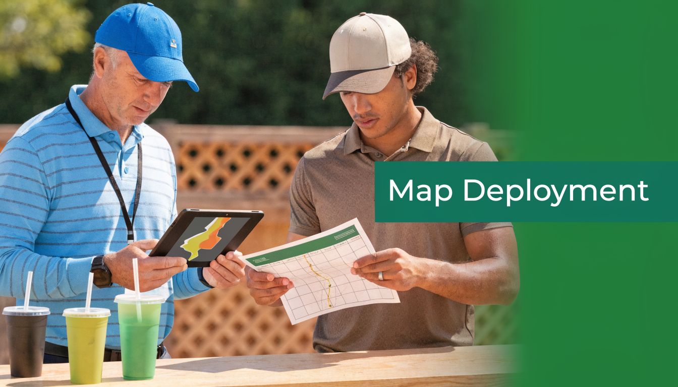 Two men in caps reviewing a digital map on a tablet and a paper golf course layout.