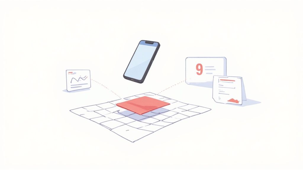 An illustration showing a smartphone floating above a grid, connected to data charts and a calendar.