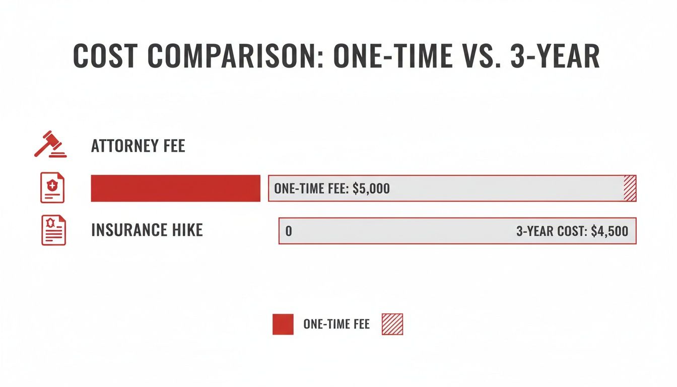 Cost comparison chart showing a one-time attorney fee of $5,000 vs. a 3-year insurance hike of $4,500.