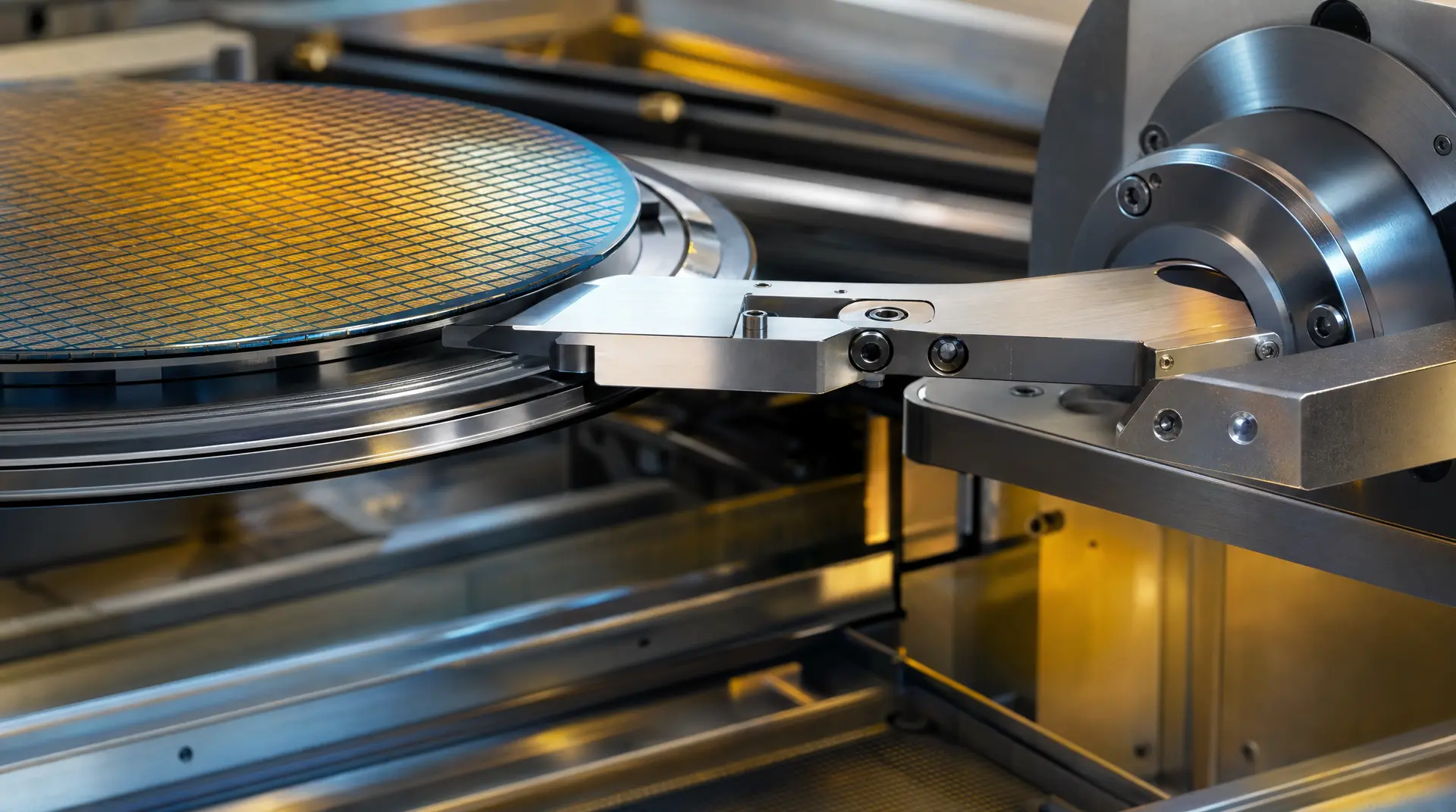 Close-up of a round semiconductor wafer held by polished metal tooling inside an industrial production chamber, captured for semiconductor marketing content.