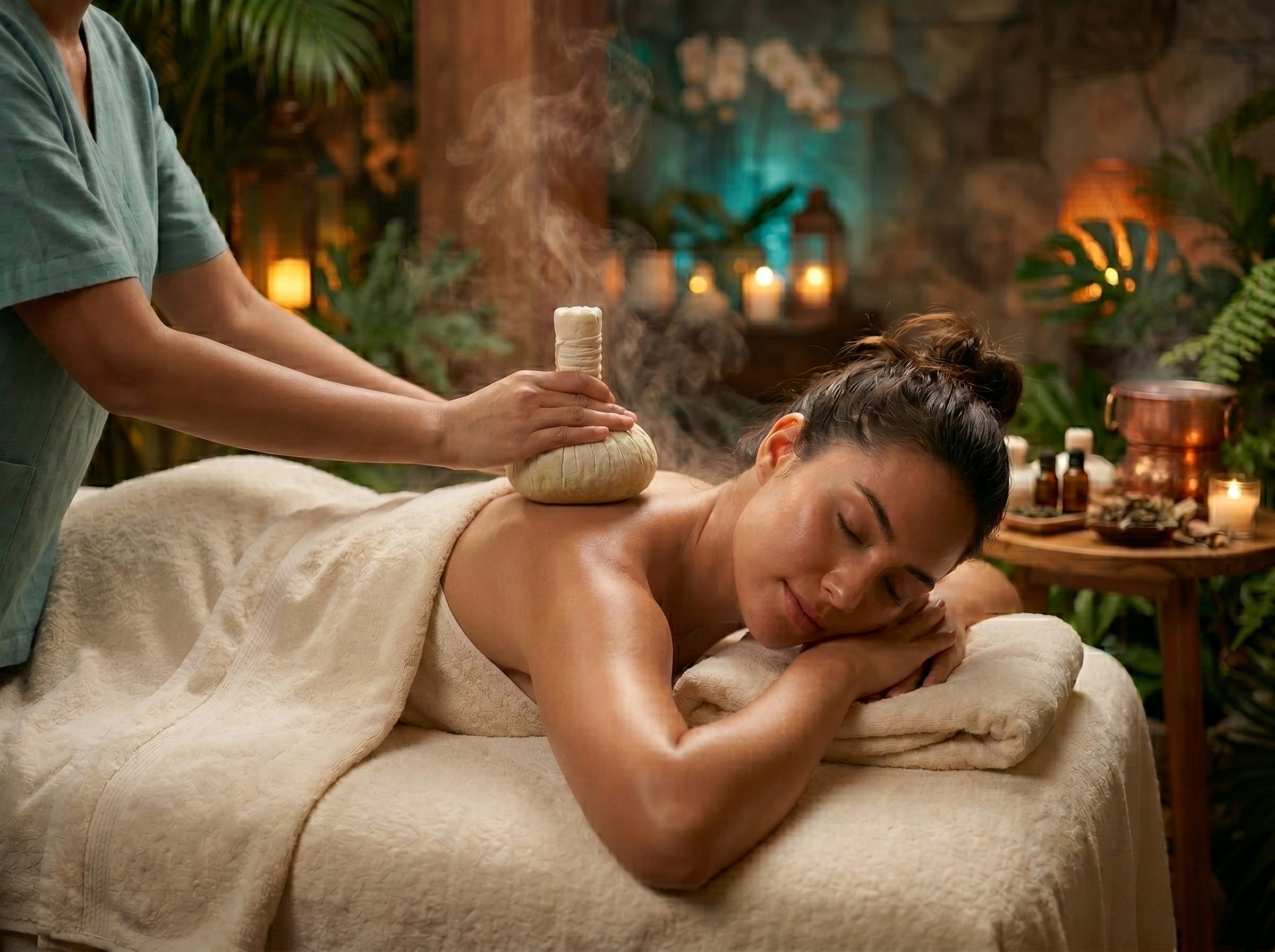 Herbal compress massage treatment in a tranquil spa environment