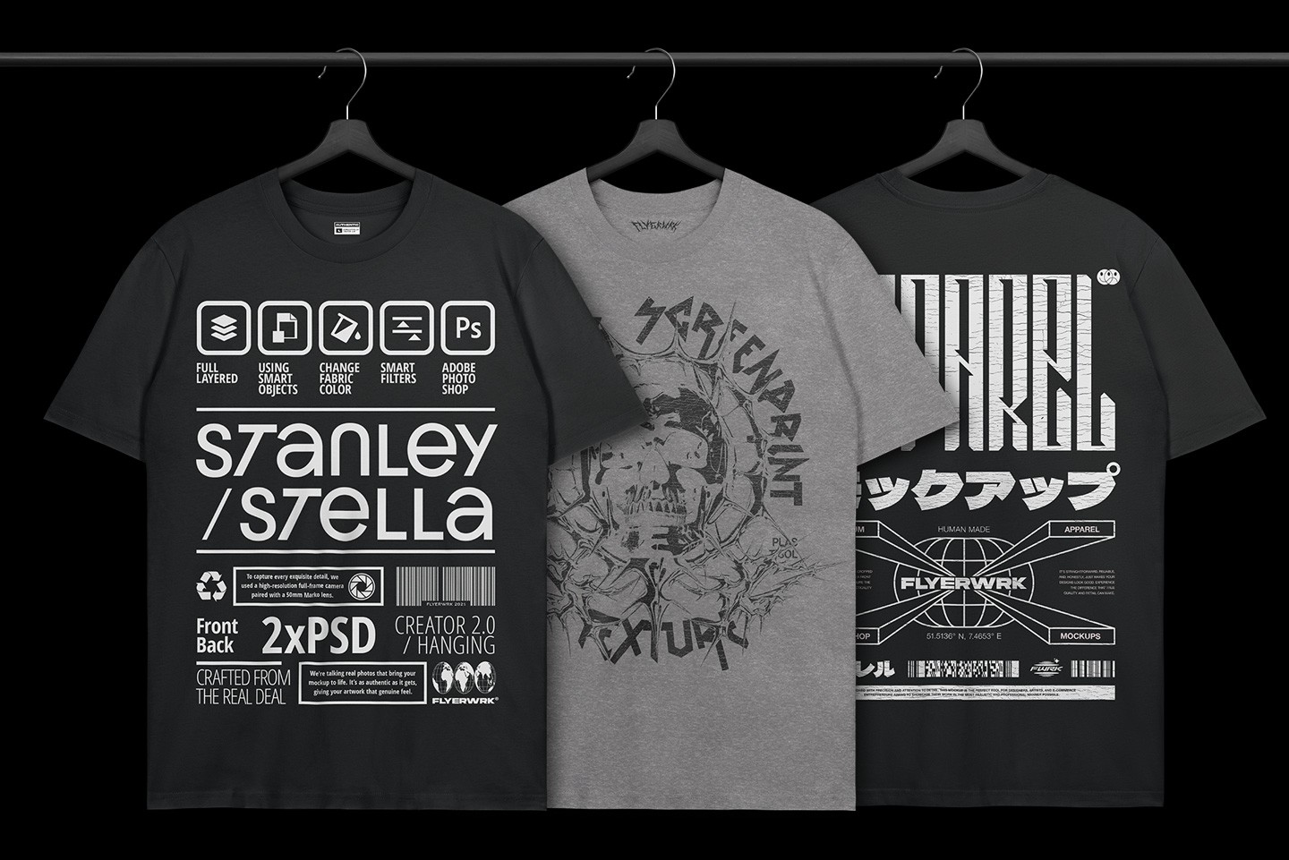 Stanley Stella Creator T-Shirt Hanging mockup with multiple design examples
