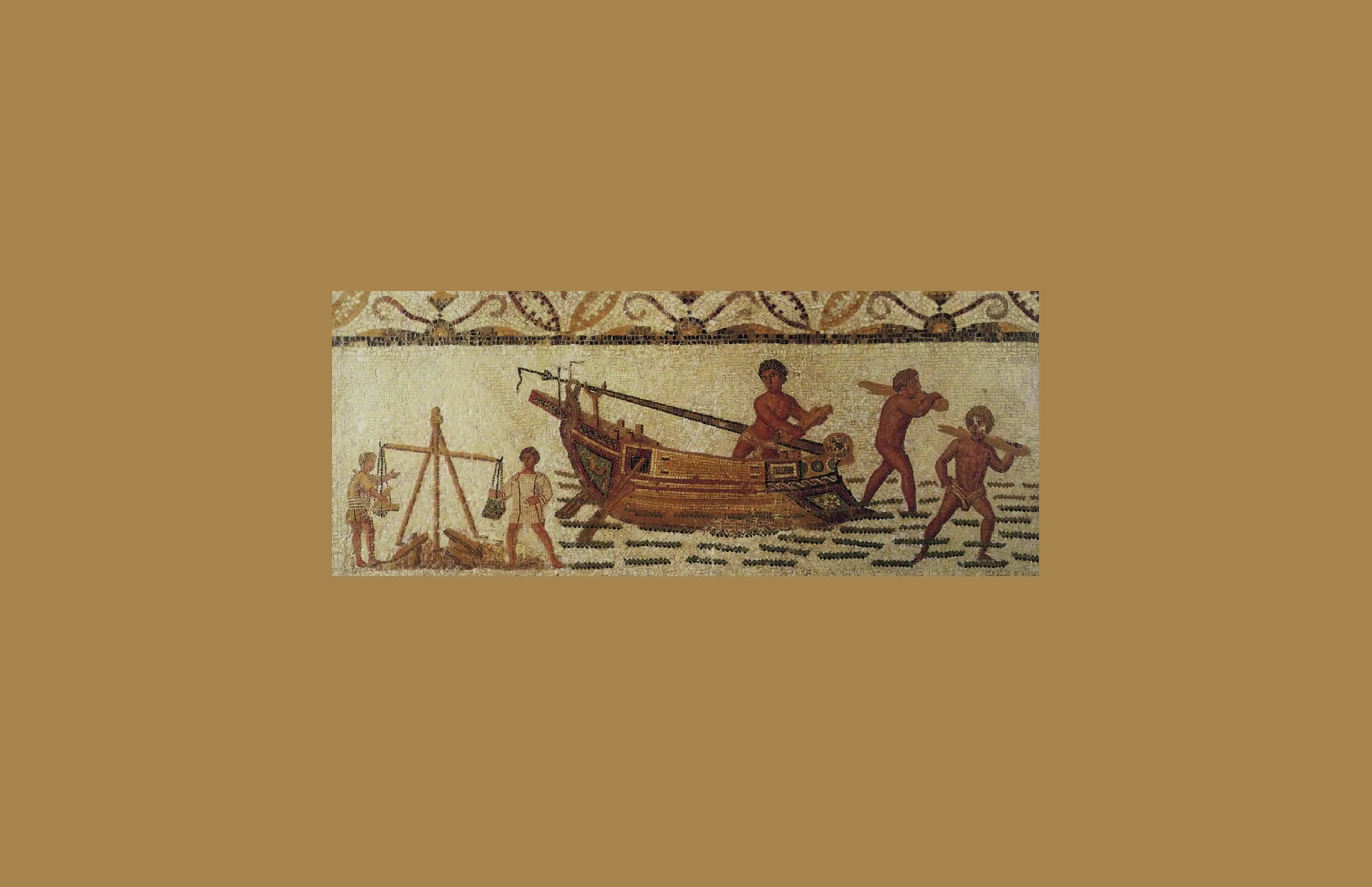 Late Roman mosaic depicting merchants unloading cargo at a beach landing, with goods being weighed on a balance scale. Hadrumetum, Tunisia. Musée du Bardo, Tunis.