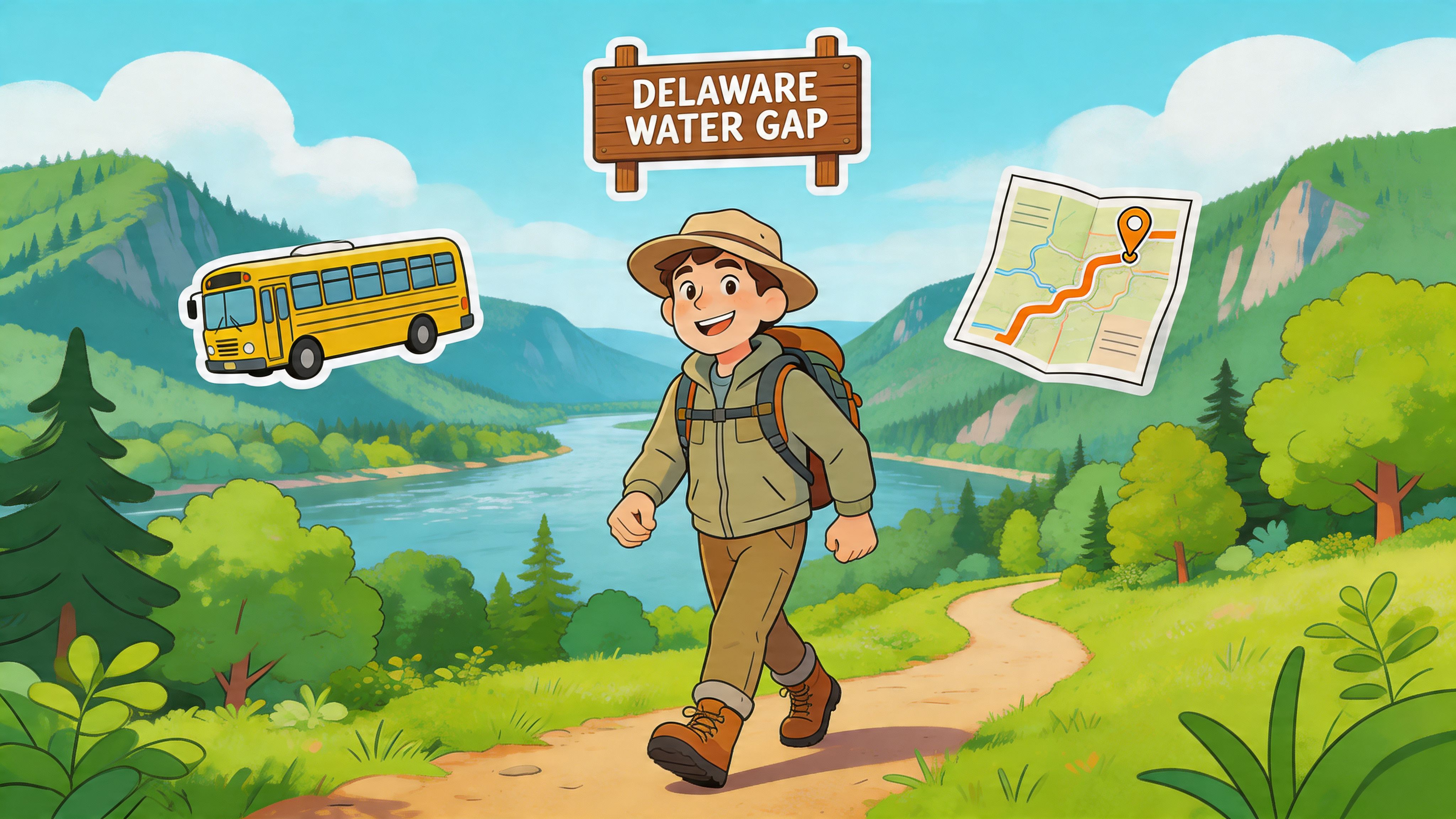 A cartoon illustration of a hiker walking along a path at the Delaware Water Gap.