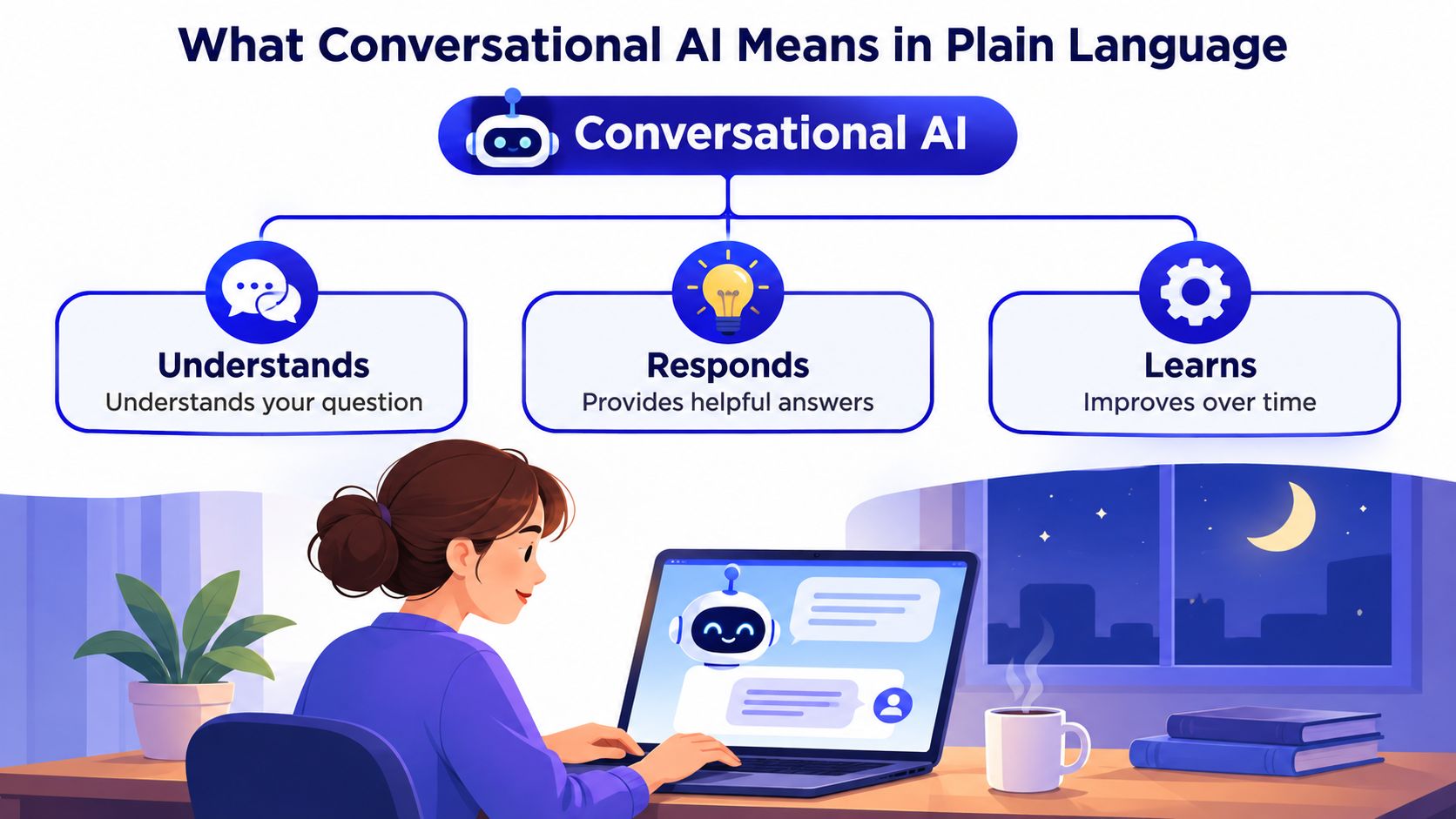 A graphic explaining conversational AI as technology that understands questions, provides helpful answers, and improves over time.