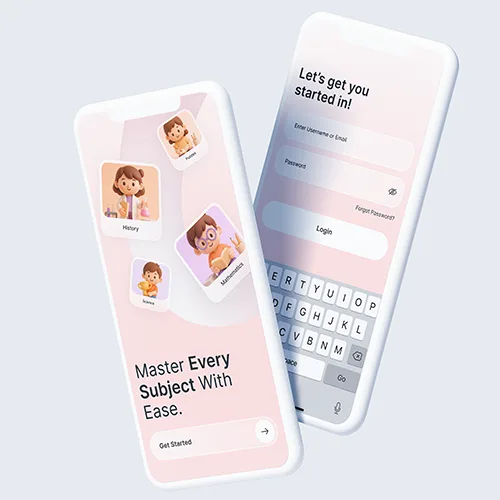 E-learning mobile app UI with login screen and subject cards for history, finance, math, and science.
