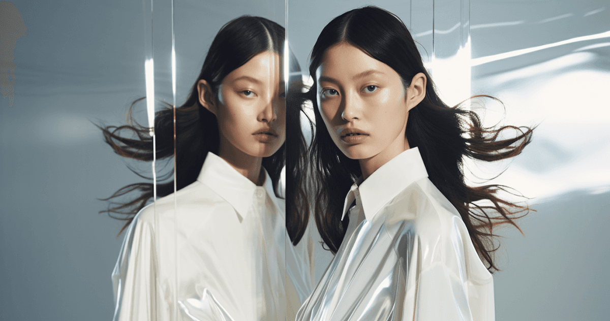 Two women with long hair wear white shirts, standing close together against a soft, neutral background.