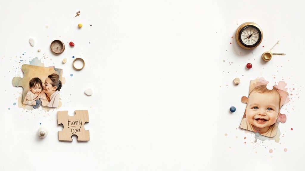 Flat lay of family puzzle photos, a smiling baby, and sentimental keepsakes on white.
