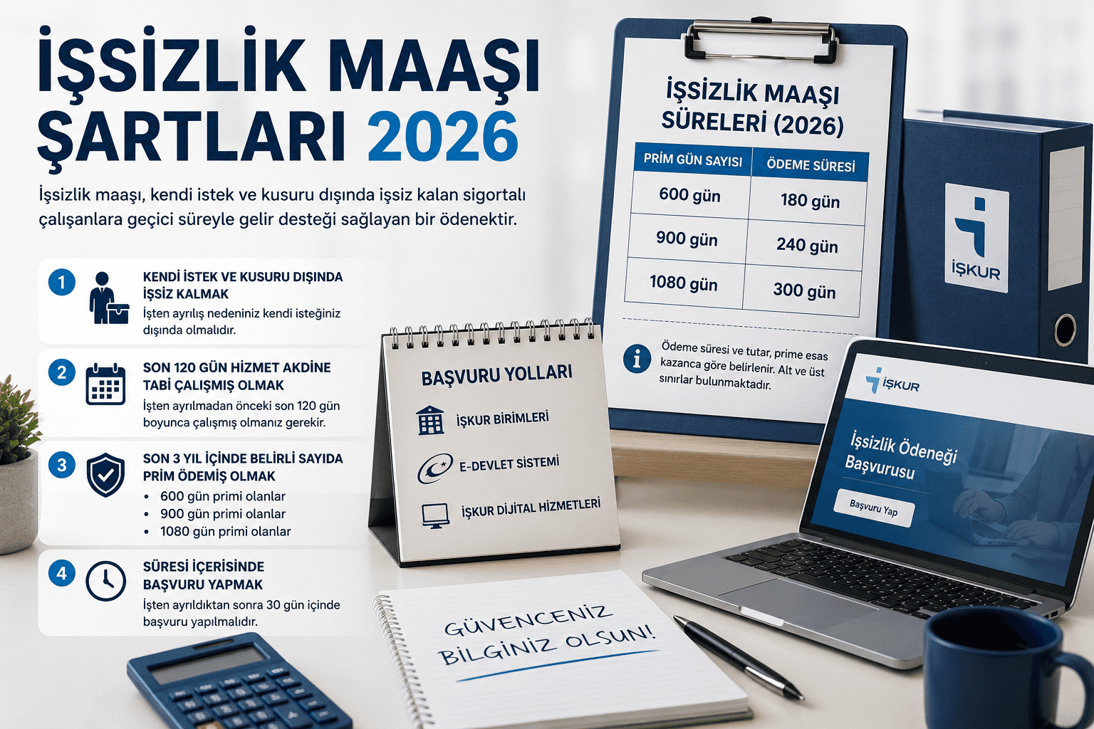 İşsizlik maaşı şartları 2026 konulu bilgilendirici görsel. İşsizlik ödeneği başvurusu, son 120 gün çalışma şartı, 600-900-1080 prim günü kriterleri, İŞKUR ve e-Devlet başvuru süreçleri ile işsizlik maaşı ödeme sürelerini anlatan infografik