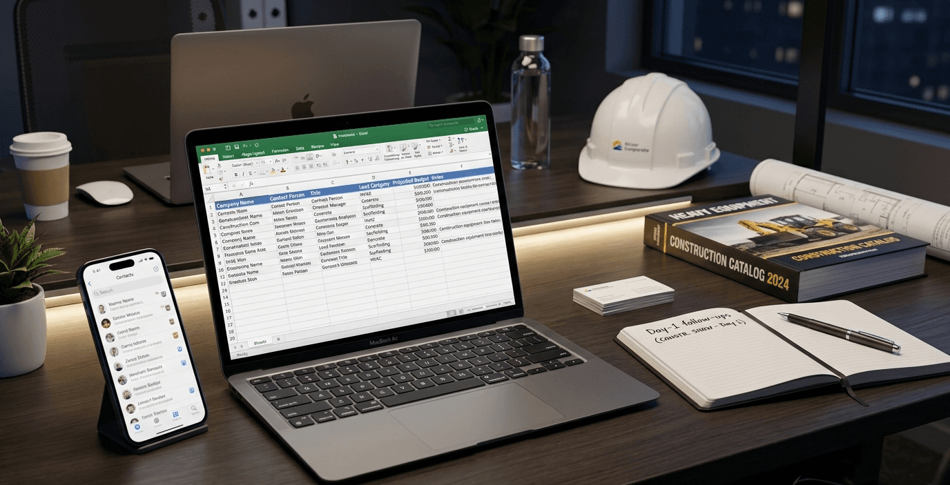 Organized construction leads exported to CRM after CONEXPO-CON/AGG 2026 using a business card scanner and structured lead capture workflow.