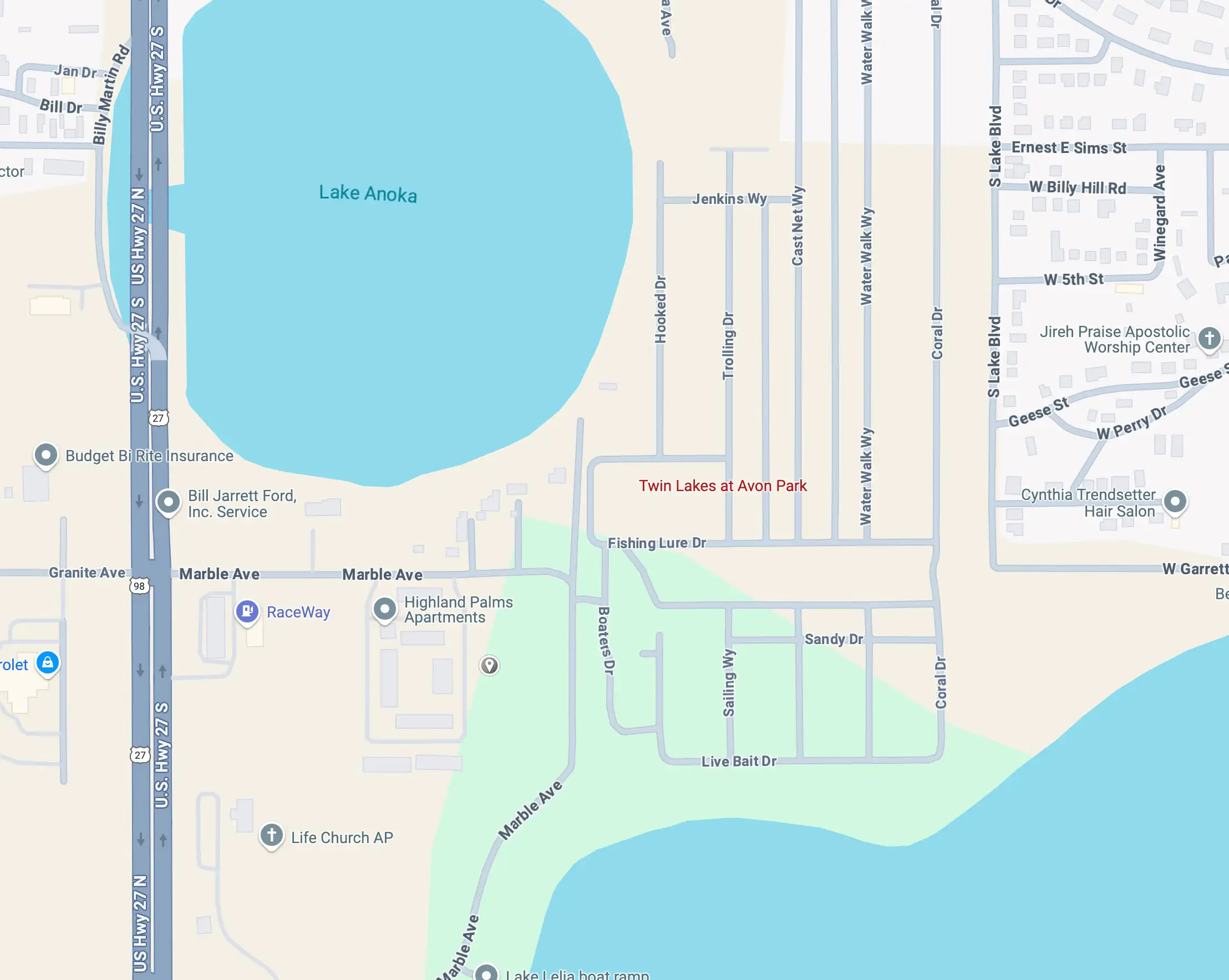Google Maps view of Twin Lakes at Avon Park in Avon Park, FL, with an orange pulsing marker indicating the company’s business location for easy identification.
