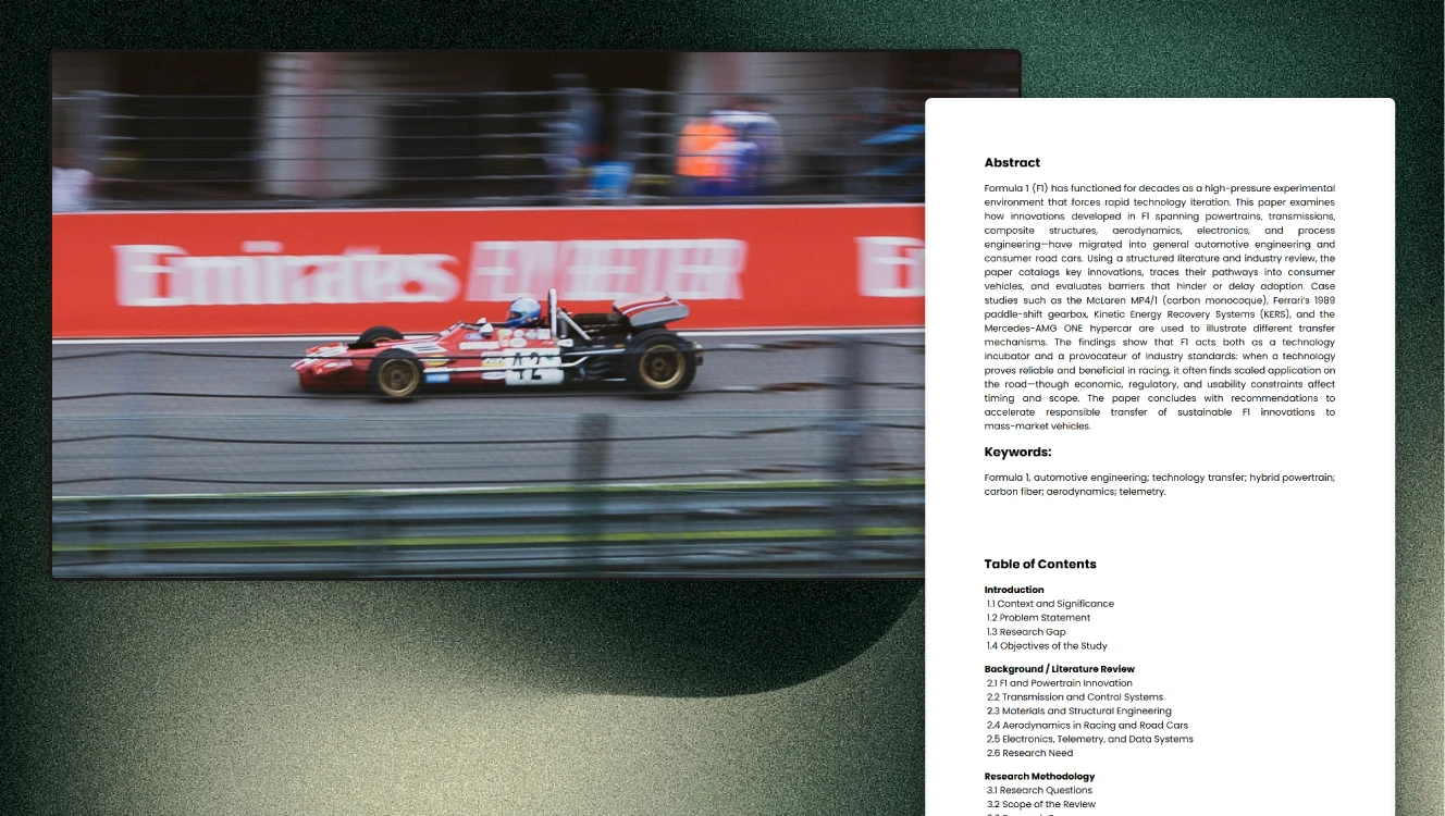 Formula 1 Research Paper - Study on F1 Technology Transfer to Road Cars Published on Zenodo