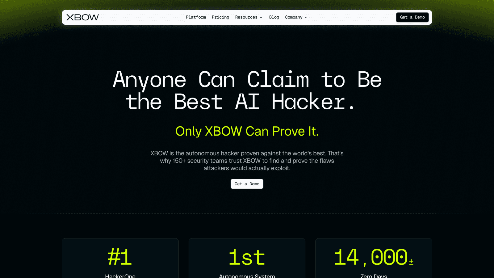 XBOW homepage with the headline Anyone Can Claim to Be the Best AI Hacker, Only XBOW Can Prove It