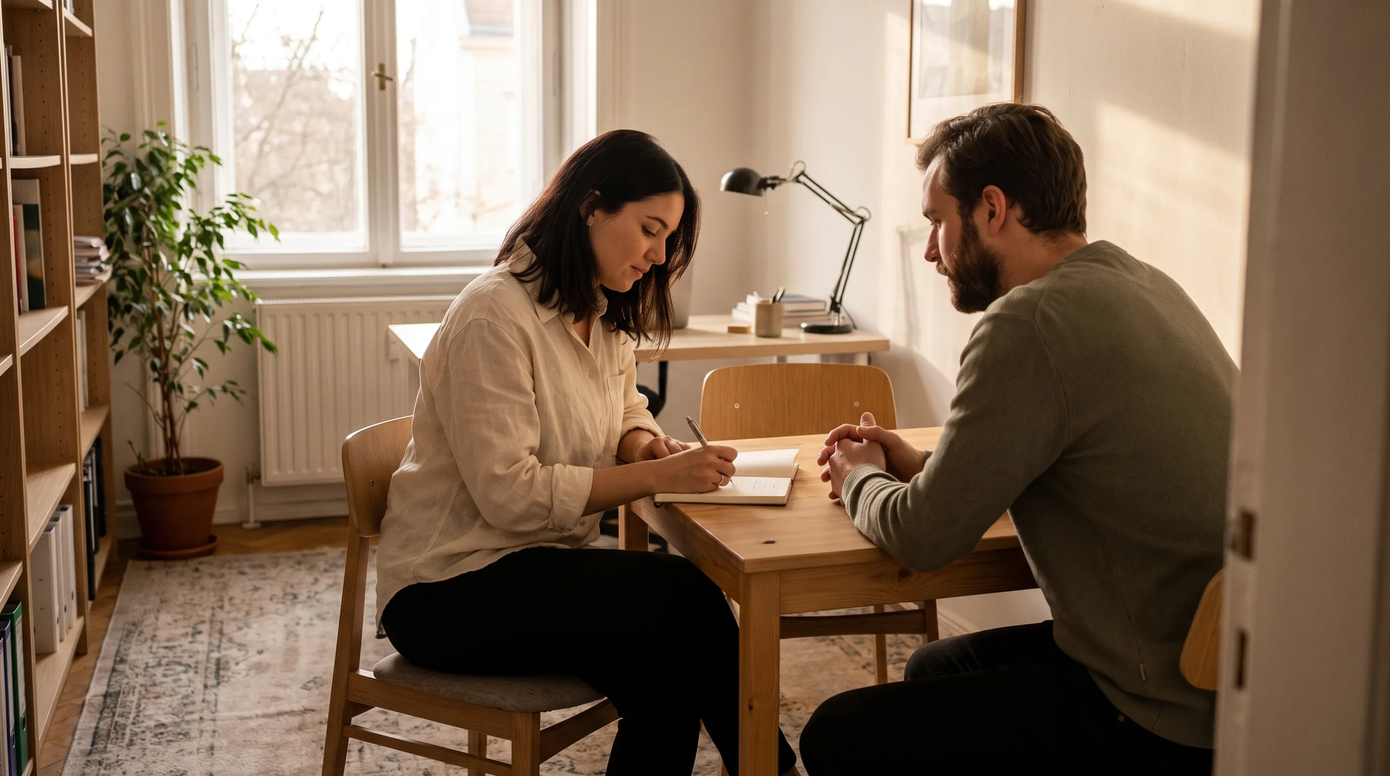 Two colleagues in a one-to-one meeting, one taking a short note by hand while the other speaks