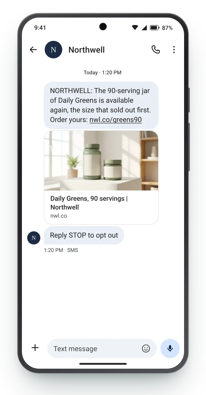 The bigger jar returns back in stock text on an Android phone