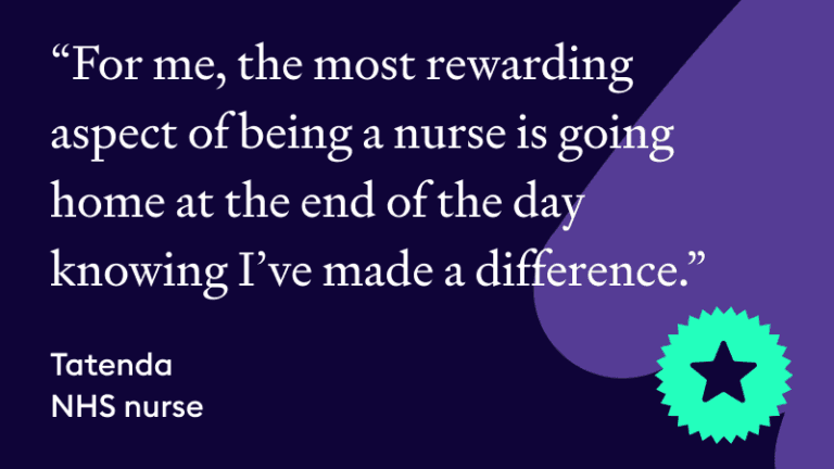 Testimonial graphic with quote from Tatenda, an NHS nurse, about the rewarding impact of nursing.