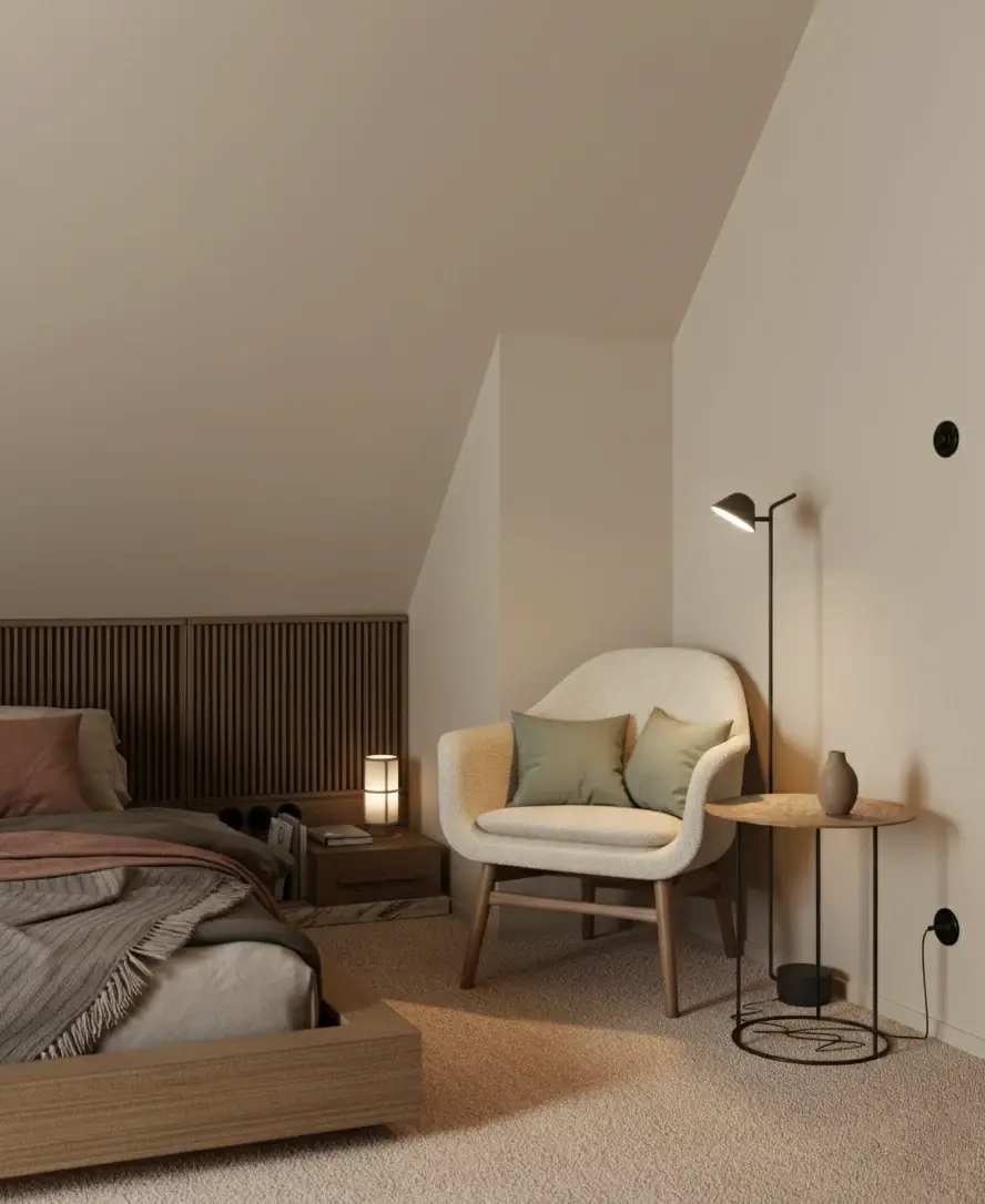 Mieszkanie KSM, Kielce, 2025. Projekt kompleksowy. Salon w stylu japandi: jasne drewno, duże okna, rośliny doniczkowe. Projekt dopasowany do funkcji i ergonomii