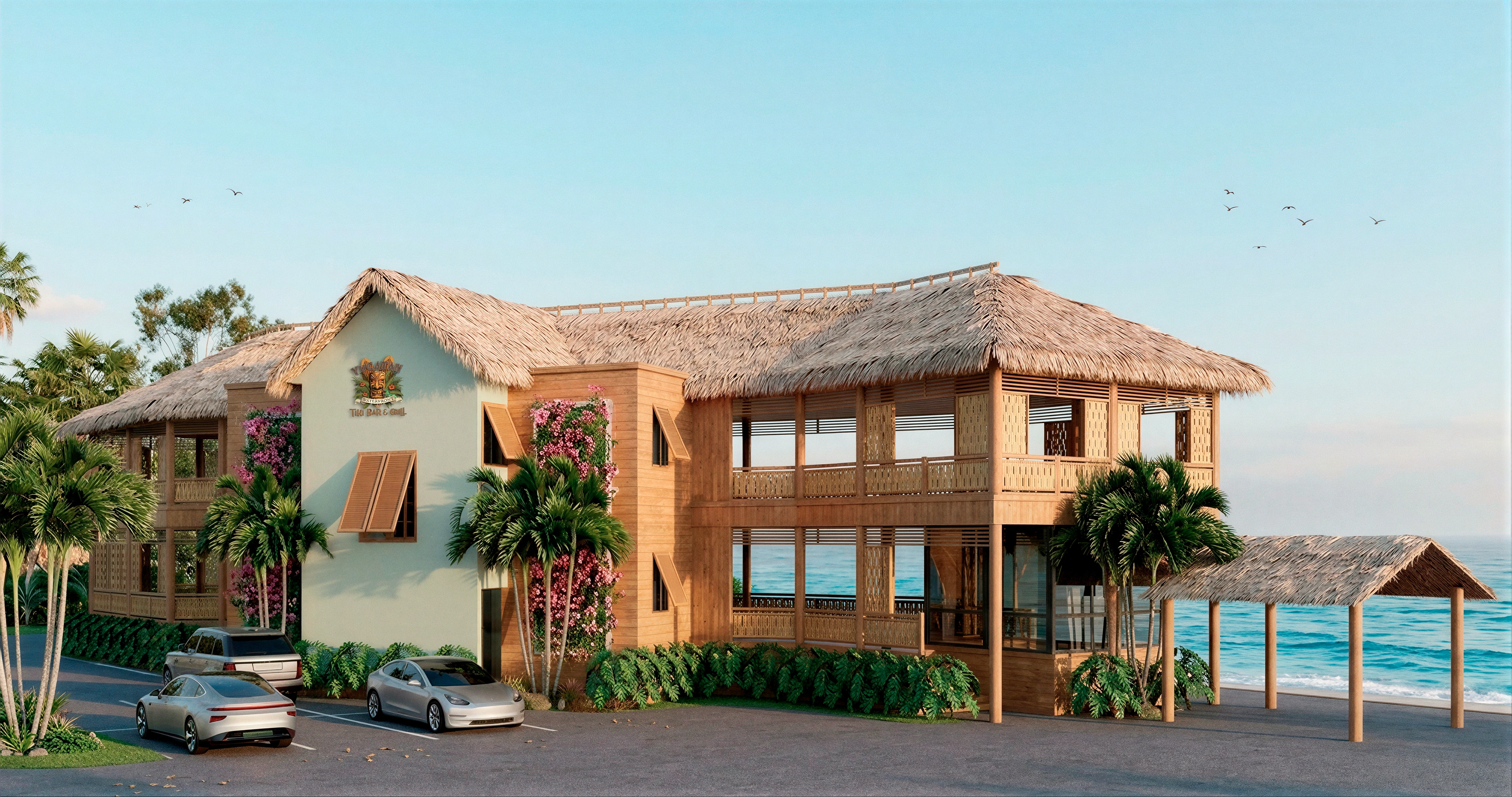 Parking lot view of Yucatan Waterfront Grill and Bar in Fort Myers, with bougainvillea-covered facade, Bahama shutters and thatched pavilion by the water