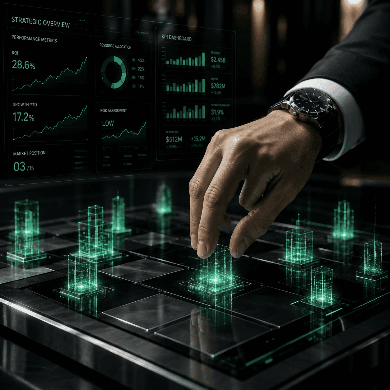 Close-up of a business executive's hand moving a glowing neon green holographic data node on a modern black glass chessboard. In the background, a transparent digital KPI dashboard displays key performance indicators like 'STRATEGIC OVERVIEW', 'ROI 28.6%', and 'PERFORMANCE METRICS'. This conceptual visual represents taking strategic control of a data-driven marketing strategy and making precise business decisions based on real data.