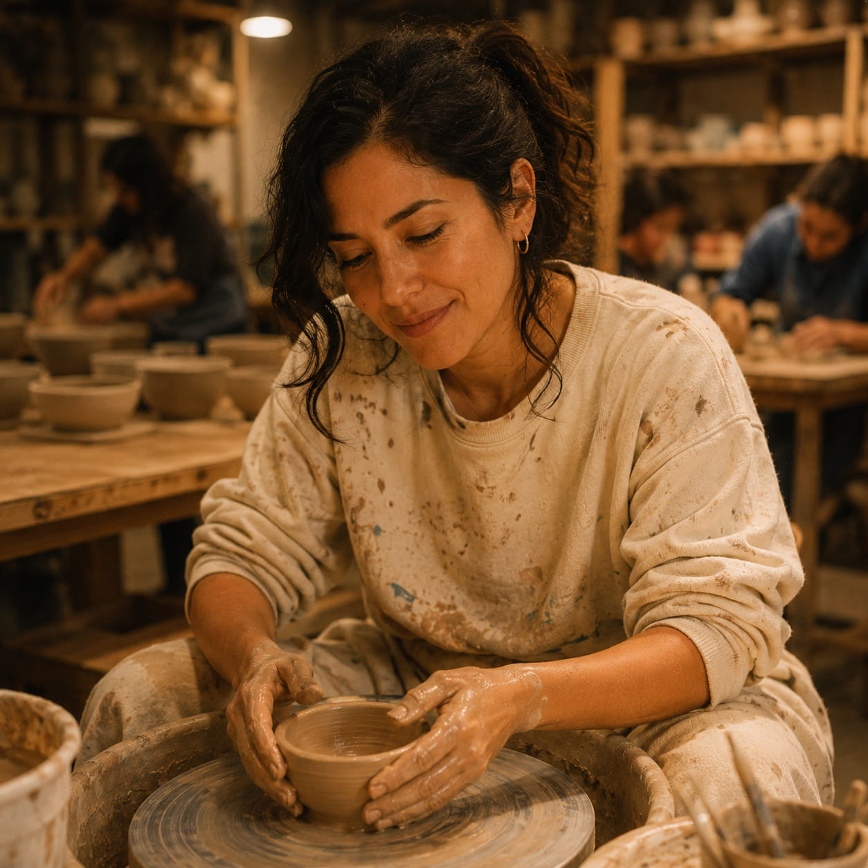 A person with dark hair is focused on shaping a clay bowl on a pottery wheel, wearing a clay-splattered shirt. The warm-toned room is filled with pottery.