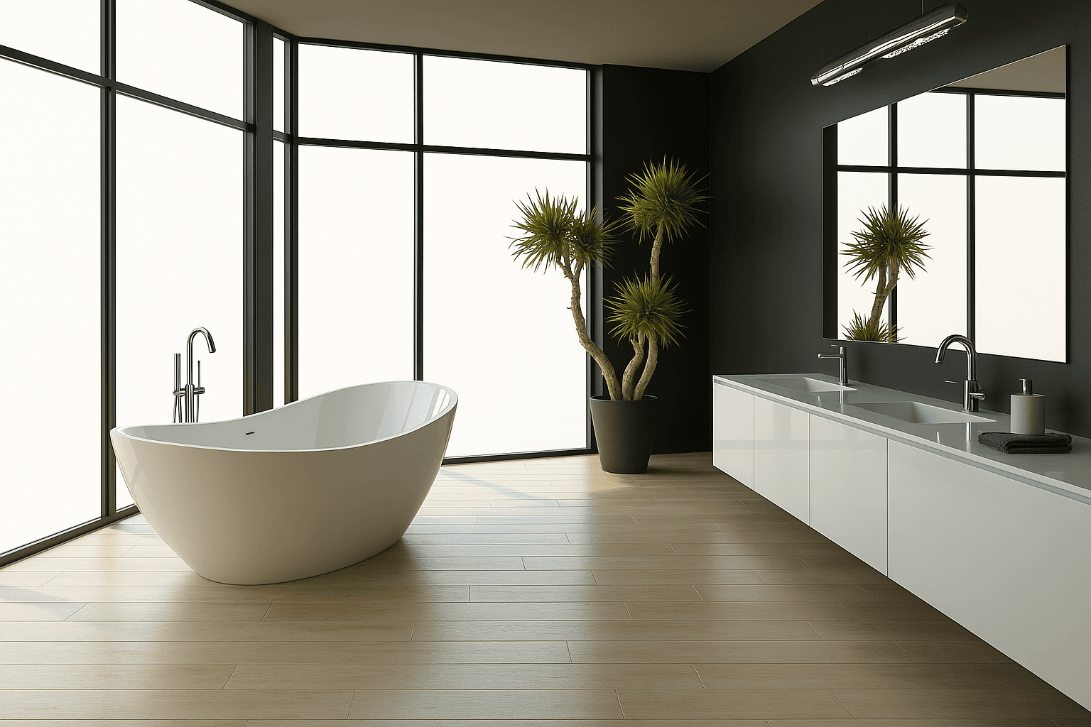 Modern bathroom with smart film windows, double vanity, and a sculptural bathtub.