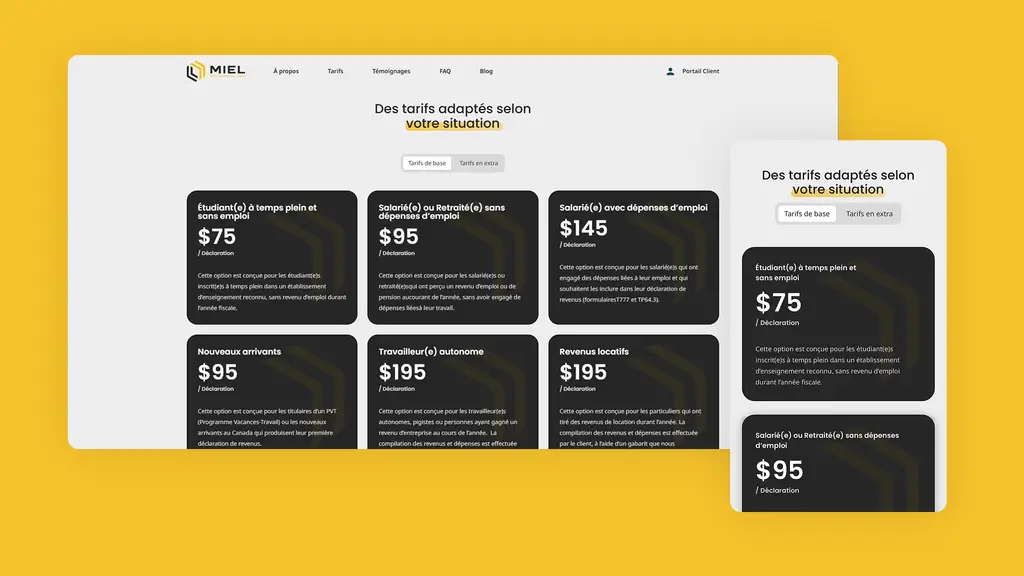 Page des tarifs du site MIEL affichée sur desktop et mobile — forfaits de déclaration d'impôts à partir de 75$ selon la situation du client