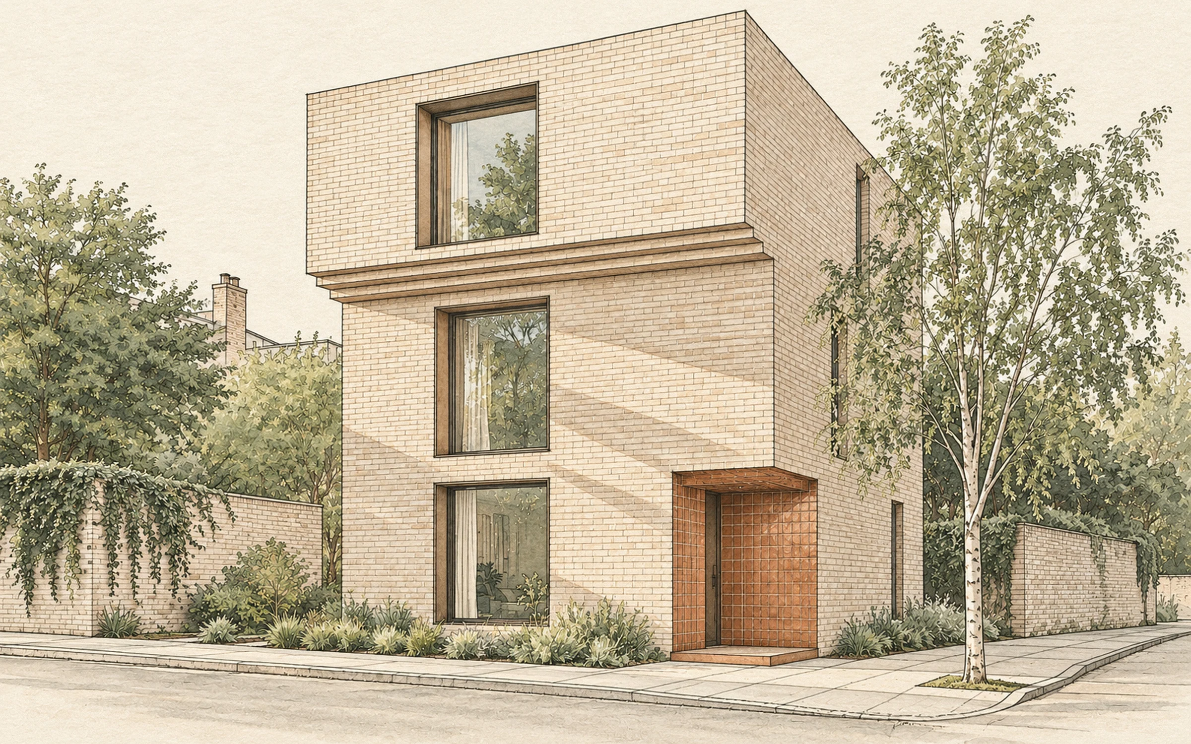 Line drawing of the house with terracotta and sage washes