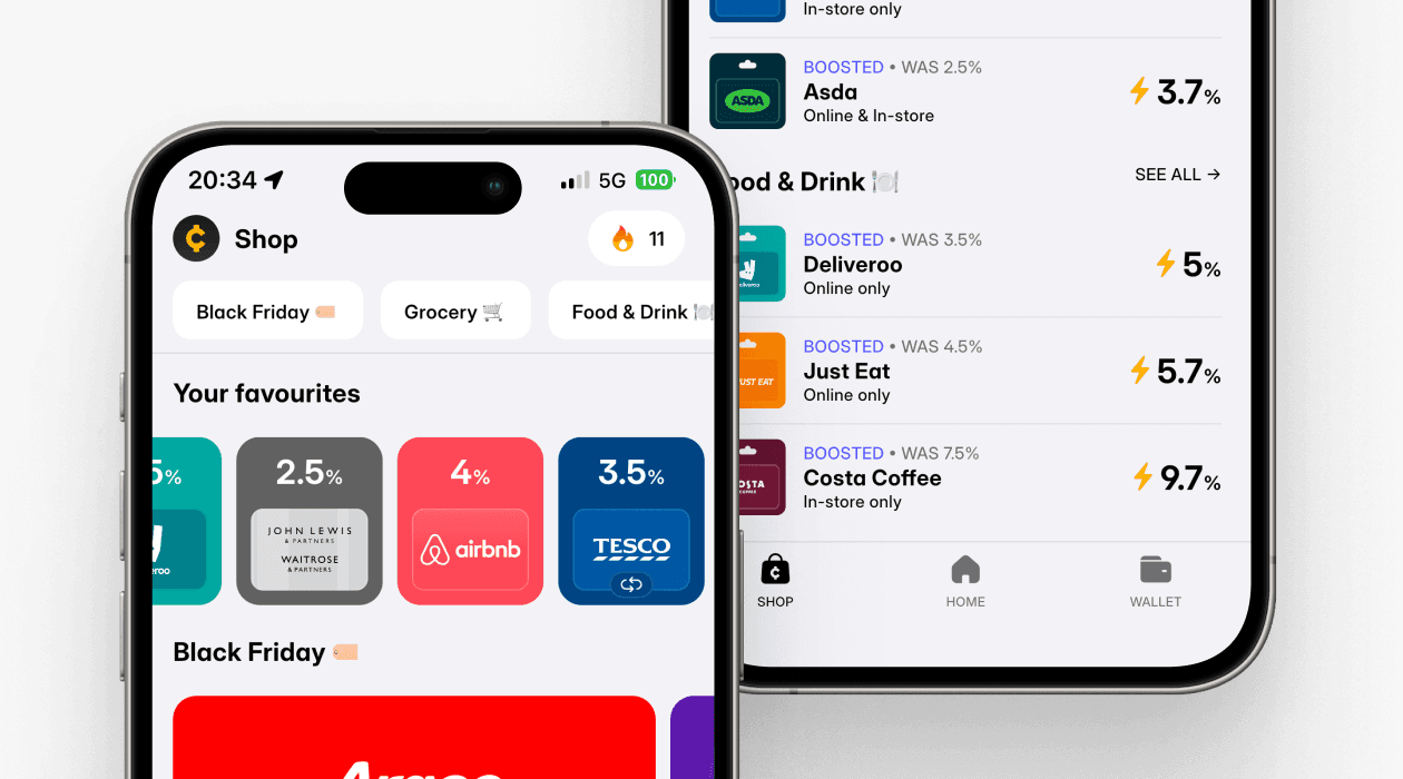 Cheddar app showing cashback rates across different UK retailers