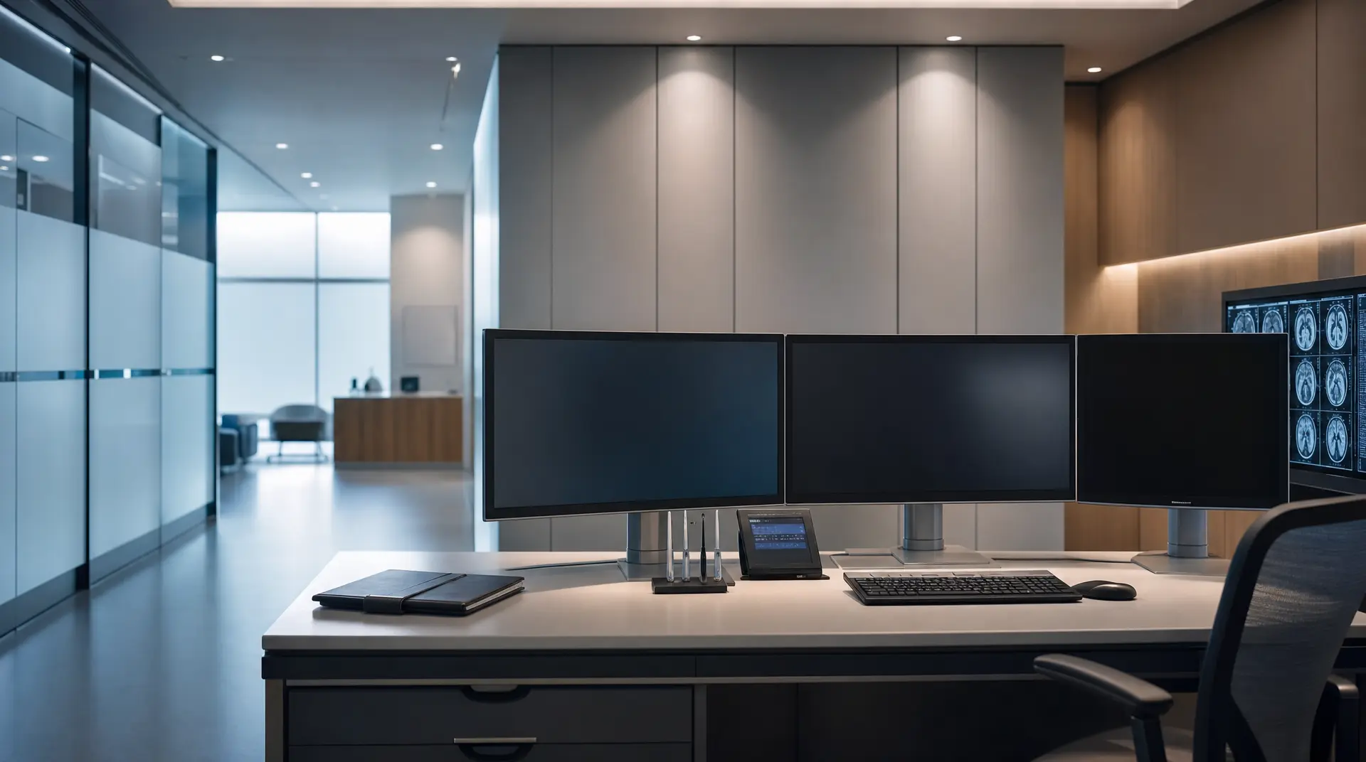 Three flat-screen monitors and a medical control console sit on a clean desk in a bright clinical office hallway, reflecting medtech marketing needs.
